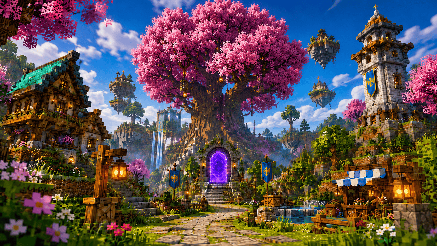 A colorful fantasy Bedrock map with a giant blossom tree