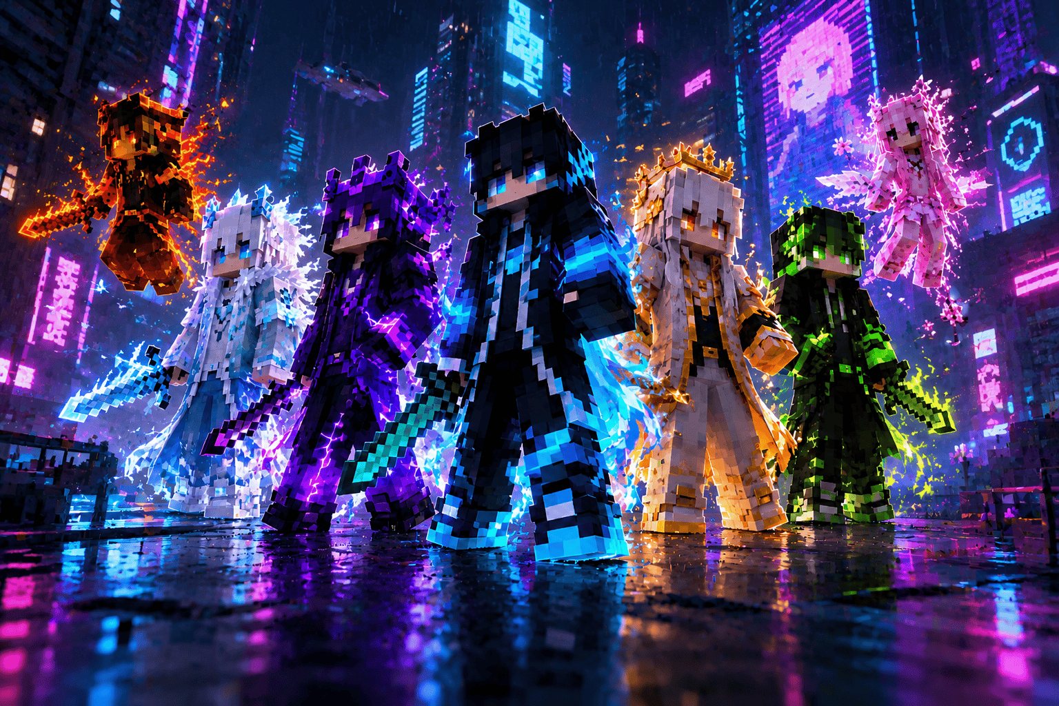 A lineup of colorful block-style character skins