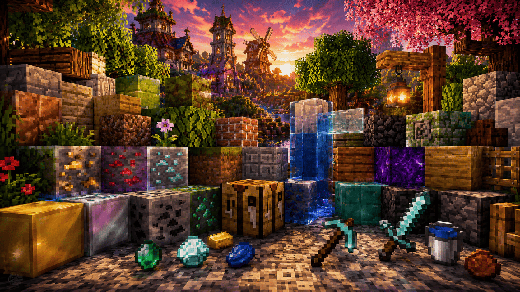 A collection of richly rendered blocks and items